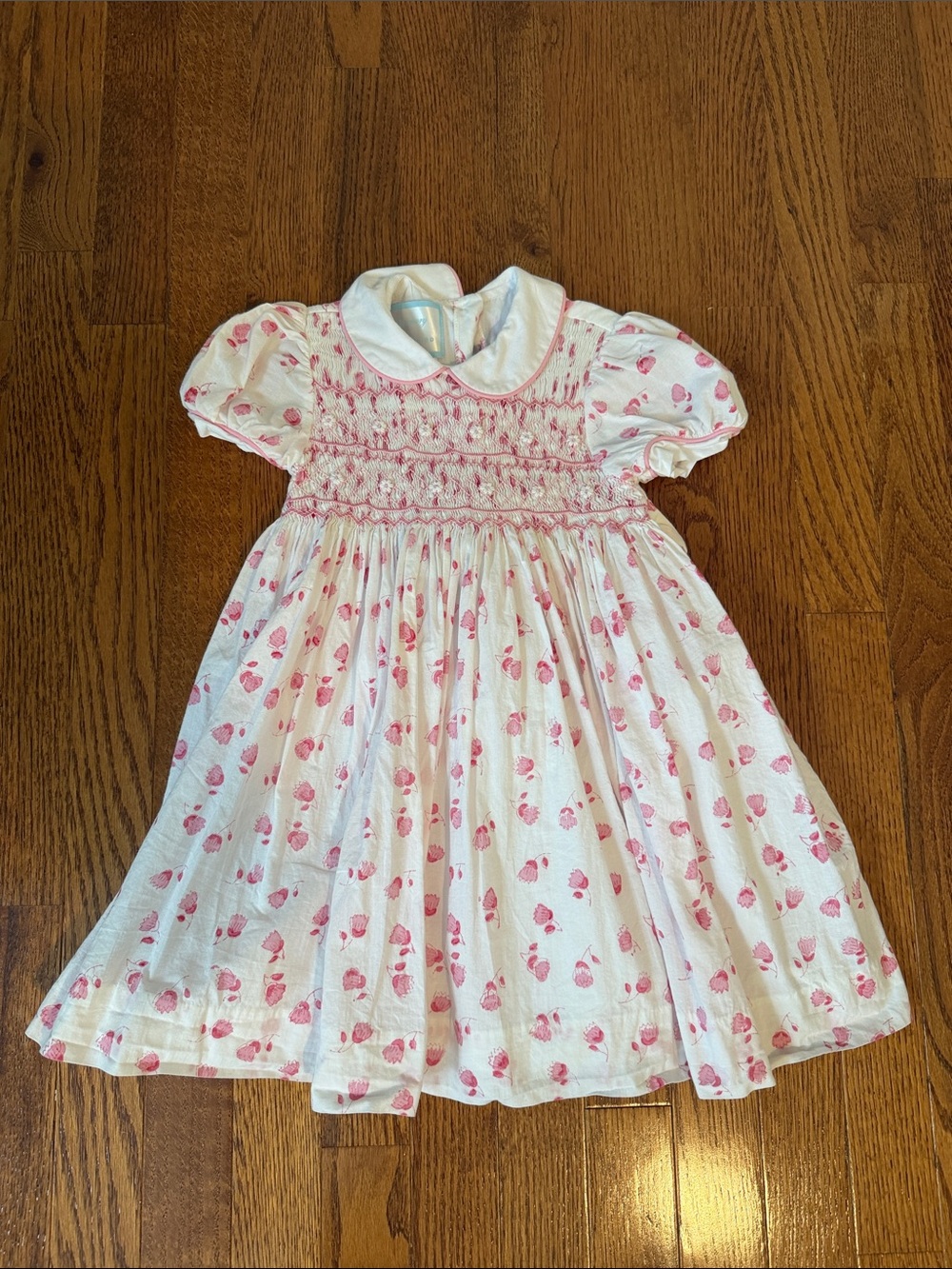 White and Pink Smocked Floral Kids Dress